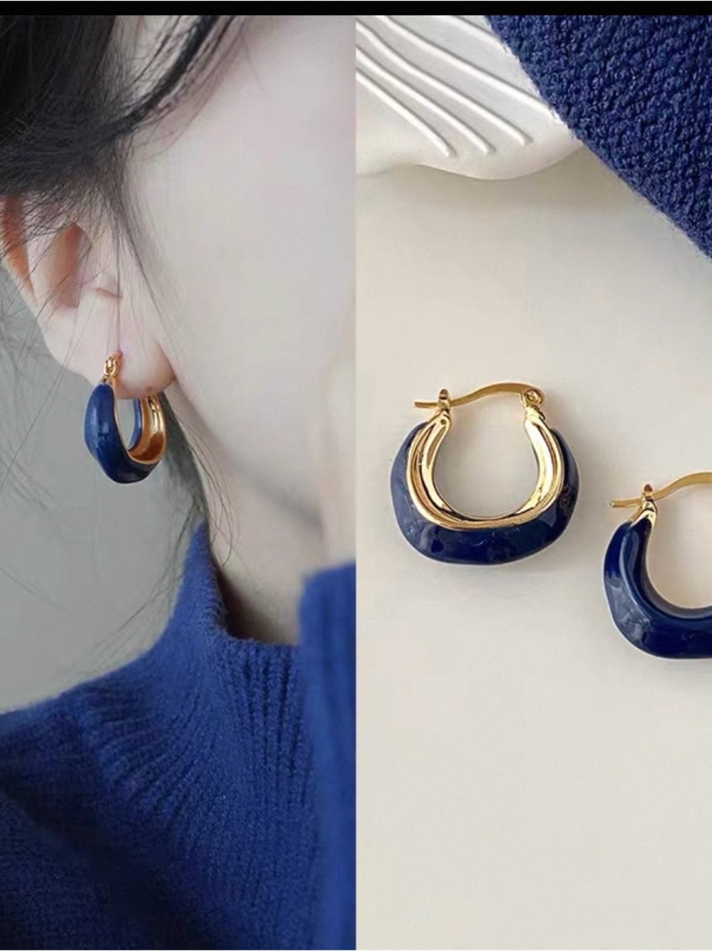 Gold & Navy Blue Hoop Earrings - Women's Fashion Jewelry